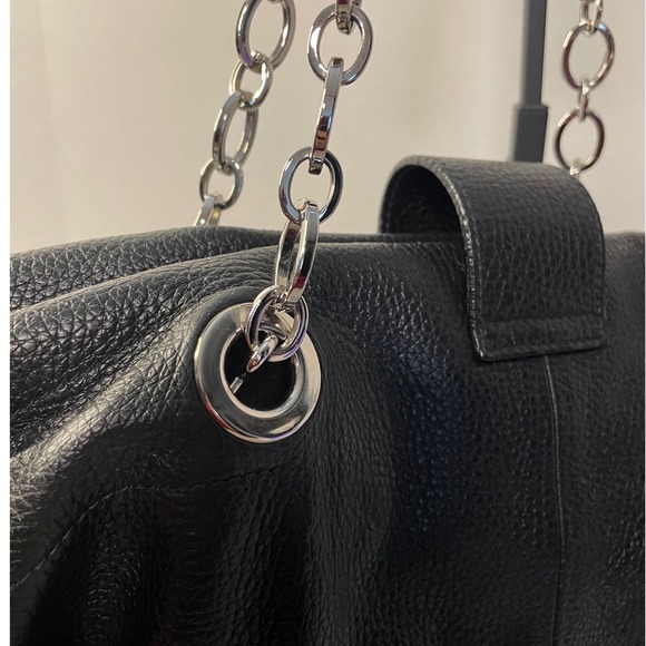Furla Black Pebbled Leather Tote Bag Silver Chain Shoulder Strap Slouchy Hobo - Picture 8 of 15